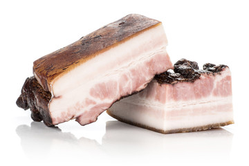 Group of two pieces of english bacon smoked isolated on white