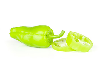 Group of one whole two slices of light green bell pepper isolated on white.