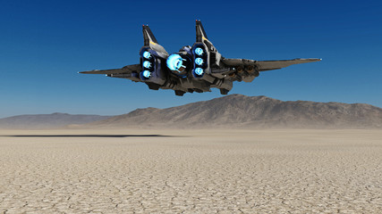 alien spaceship flying over a deserted planet with blue sky in the background, sci-fi scene, 3d rend