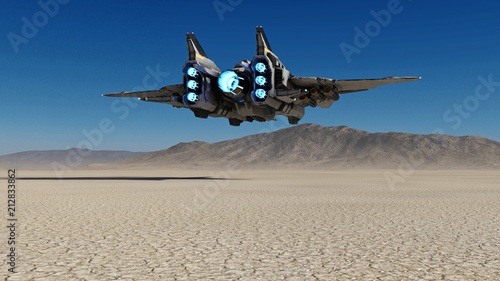 Fotografía Alien spaceship flying over a deserted planet with blue sky in the background, s