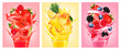 Set of labels with fruit in juice splashes. Strawberry, guava, watermelon, pineapple, peach, raspberry, blackberry, blueberry. Vector.