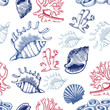 Seamless pattern with shells and corals. Sketch style. Vector
