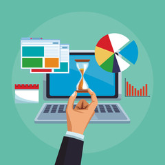 Business mobile apps laptop with statistics and schedule vector illustration graphic design