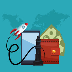 business mobile apps smartphone and wallet with chess piece vector illustration graphic design