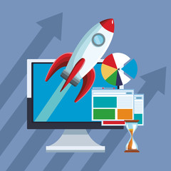 Business mobile apps computer with spaceship and browsers vector illustration graphic design