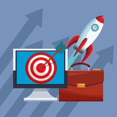 Business mobile apps computer with target dartboard and spaceship vector illustration graphic design
