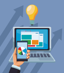 Business mobile apps smartphone and computer with bulb vector illustration graphic design