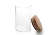 Empty glass jar with lid on white background