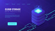 Isometric cloud storage data processing landing page concept. Collection and manipulation, recording, organisation, structuring of data items on blue background. Vector 3d isometric illustration.