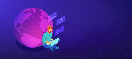 Wall Mural - isometric big data analyst working on laptop sitting near the globe. big data analysis, global marke