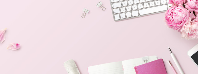 feminine banner or shop header with office / writing supplies, technical gadgets, smartphone and a b