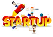 © noravector - Cartoon little business people with word StartUp. Miniature scene of businessmen on white background.