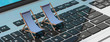 Deck chairs on a computer laptop, banner. 3d illustration