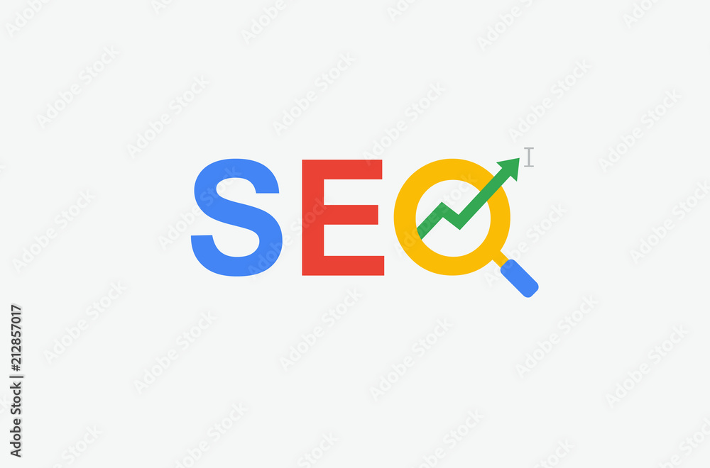 SEO (search engine optimization) minimal flat logo with magnifying glass, arrow and cursor symbol. multi color design. - obrazy, fototapety, plakaty 