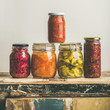 Autumn seasonal pickled or fermented colorful vegetables in jars over vintage kitchen drawer, white wall background, copy space, square crop. Fall home food preserving or canning