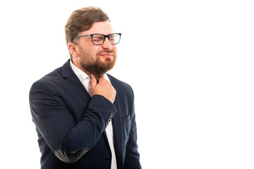 Wall Mural - Portrait of business man showing throat pain gesture.