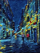 Old Vintage Night Italian Street. Traditional Architecture Of Italy. Big Size Oil Painting Fine Art In Vincent Van Gogh Style. Modern Impressionism Drawn. Creative Artistic Print For Poster, Postcard.