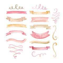 Wall Mural - Watercolor set of ribbons, banners and decorative swirls in pink, yellow and gold. Hand drawn, painted design elements isolated  on white background.