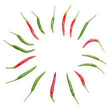 Round Frame Of Red And Green Chili Peppers On White Background