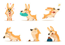 Various Illustrations Of Funny Little Dog In Action Poses