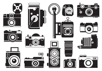 Wall Mural - pictures set of retro cameras. vector monochrome illustrations