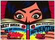 Pop art comics style excited girl having fun reading comic book or graphic novel adventure action vector illustration