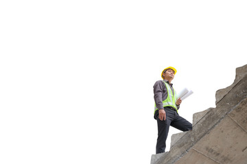 Asian business man construction engineer hold blueprint paper walking up stairway isolated on white background with clipping path, career growth success concept