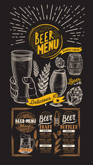 Menu for beer restaurant. Design template with hand-drawn graphic illustrations. Vector beverage flyer for bar.