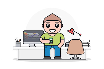 Programmer, web developer or designer with coffee standing near table in a office workplace. Cartoon character in flat style