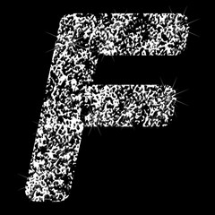 Silver glittering letter F. Vector shining silver sparkling letter on black background.