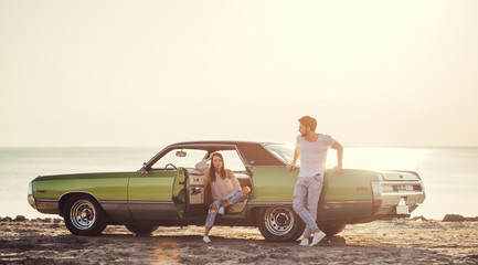 Wall Mural - Couple with retro car