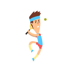 Canvas Print - Young tennis player jumping to hit ball. Funny guy in action. Man in sportswear. Active sports game. Flat vector design