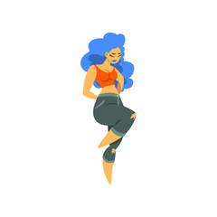 Poster - Beautiful curvy, overweight girl with long blue dyed hair in fashionable clothes, plus size woman pinup model vector Illustration