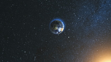 Wall Mural - space view on planet earth and sun star rotating on its axis in black universe. seamless loop with d