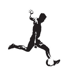 Sticker - Soccer player kicking ball, isolated vector slhouette. Fooballer running with ball. Football, team sport