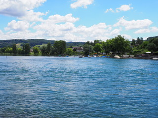 Beauty landscape of european STEIN am RHEIN town in SWITZERLAND and alpine Rhine River in swiss canton Schaffhausen