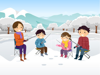 Sticker - Stickman Family Ice Fishing Illustration