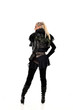 © faestock - full length portrait of blonde girl wearing lack fantasy warrior outfit. standing pose wit bak to the camera. isolated on white studio background.