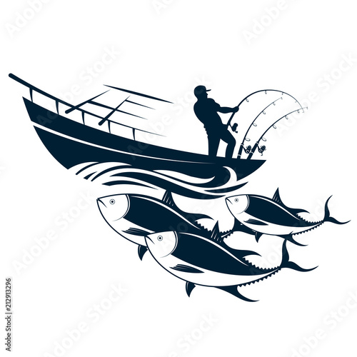 Fisherman in the boat catches tuna