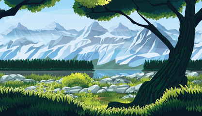 Wall Mural - Seamless background of landscape with river, forest and mountains.