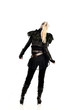 © faestock - full length portrait of blonde girl wearing lack fantasy warrior outfit. standing pose wit bak to the camera. isolated on white studio background.