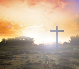 Poster - Easter concept:Silhouette cross on Calvary mountain sunset background. 