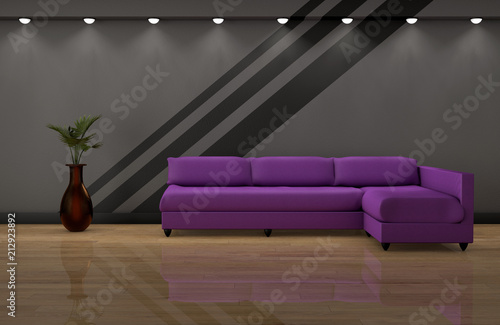Purple Sofa On Wood Flooring And Dark Grey Wall 3d Rendering Buy