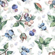 Seamless pattern with blueberry berries, in watercolor style.