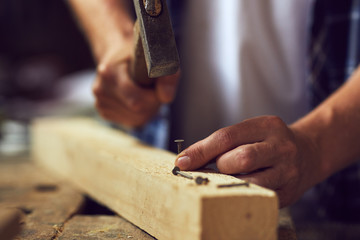 Wall Mural - Close up carpenter hammering a nail into wooden plank in his workshop