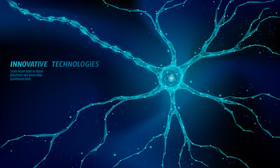 Human neuron low poly anatomy concept. Artificial neural network technology science medicine cloud computing. AI 3D abstract biology system. Polygonal blue glowing vector illustration