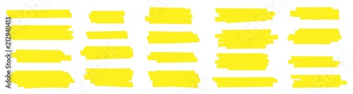 Fotomural Creative vector illustration of stain strokes, hand drawn yellow highlight japan marker lines, brushes stripes isolated on transparent background