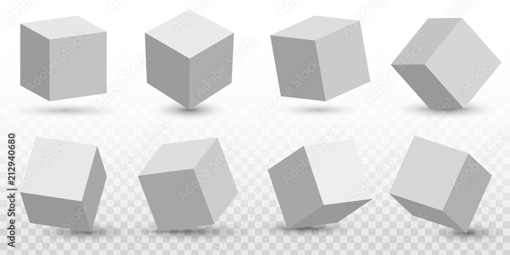 Creative vector illustration of perspective projections 3d cube model icons set with a shadow isolated on transparent background. Art design geometric surfac rotate. Abstract concept graphic element - obrazy, fototapety, plakaty 