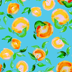  Watercolor oranges with leaves seamless pattern on light blue background