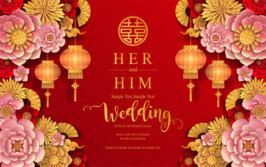 Wall Mural - chinese oriental wedding Invitation card templates with beautiful patterned on paper color Background.